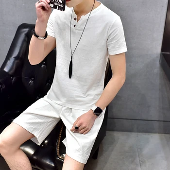 

men tracksuit set suits 2020 Summer New Chinese Style Linen Two Buttons fashion suit V-neck short sleeve linen suit Large size