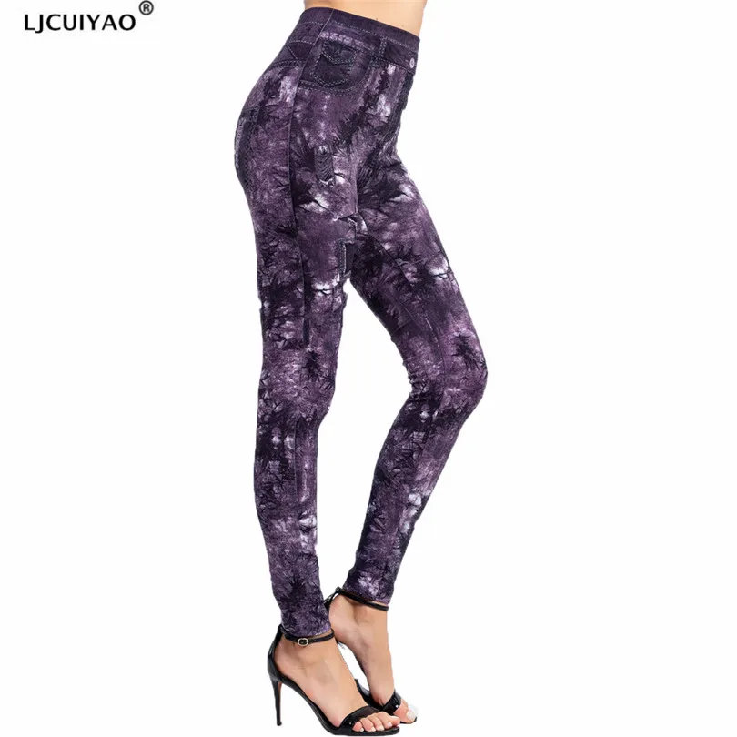 LJCUIYAO Faux Jeans Leggings Women Stretch Leaf Print Pants High Waist Ankle-Length Polyester Breathable Jeggings Dropshipping ladies high waist buttocks jeggings jeans for women sexy push up jeans leggings stretch faux denim leggings leggings denim blue