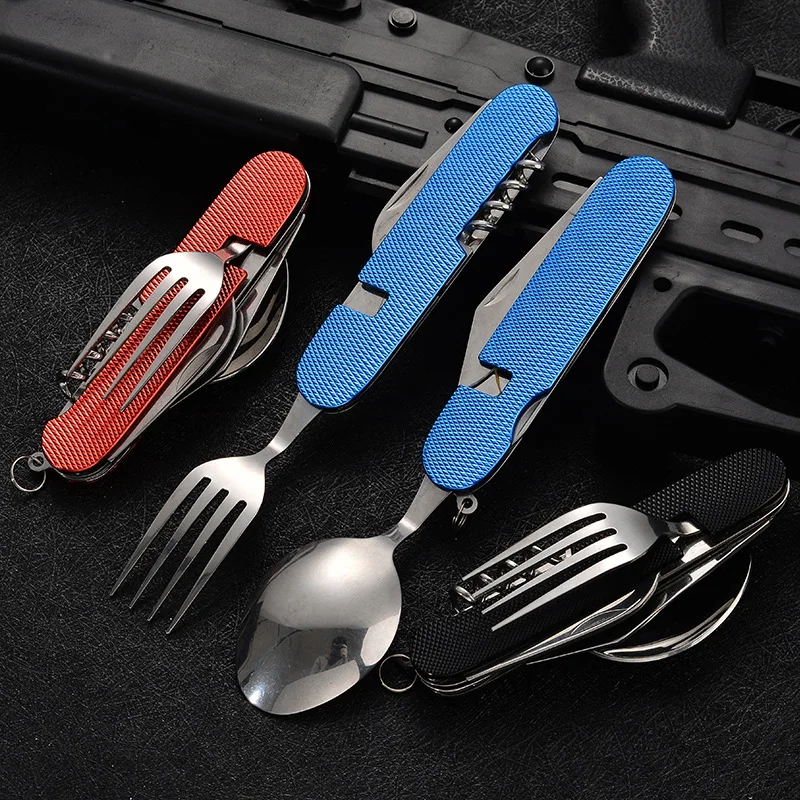Hot sale knife and fork combination portable 6 in 1 stainless steel folding cutlery set for outdoor camping picnic travel