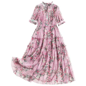 

Latest Women Silk Flower Print Short Sleeve High End Drawstring Waist Knee Length Dress with Lining and Cascading Ruffle