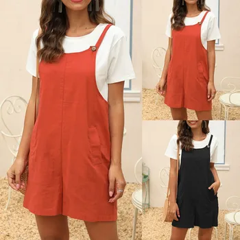 

Summer Casual Short Jumpsuits Women Bib Pants Solid Loose Sleeveless Pocket Sling Button Playsuits 2020 New