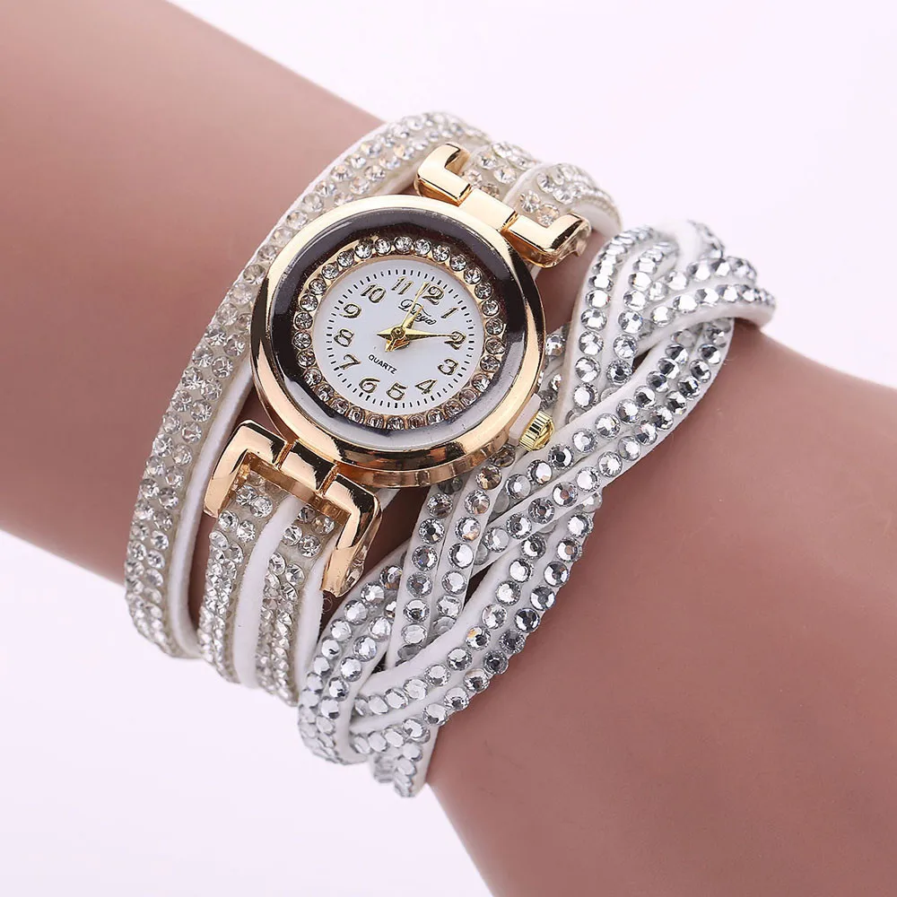 Роскошные модные женские часы кристалл золотой браслет сплав Круглый кварцевые наручные часы Стразы с кожаным ремешком часы H51