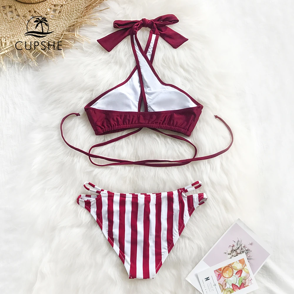 CUPSHE Cross Wrap Solid and Stripe Halter Bikini Sets Sexy Lace Up Swimsuit Two Pieces Swimwear Women Beach Bathing Suits