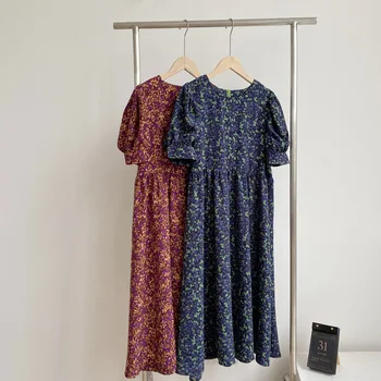 

Retro Round Neck Puff Sleeve Long Dress Women Short Sleeve Dresses