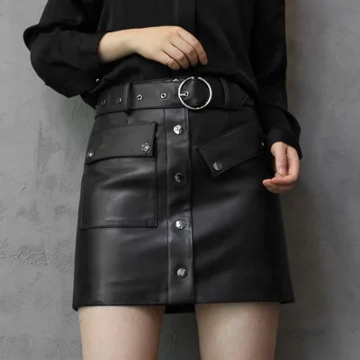 

2020 Women Spring Genuine Real Sheep Leather Skirt W28