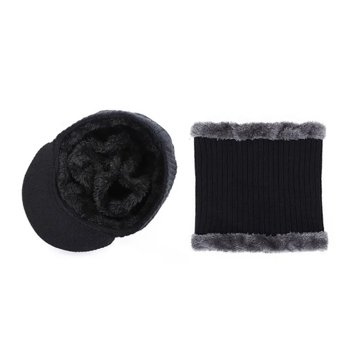 Мужская зимняя теплая шапка, вязаная шапка с флисовой подкладкой, мягкая дышащая шапка с петлями для шарфа, набор THJ99