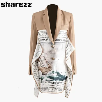 

Spring Autumn 2020 Khaki Blazer For Women Pattern Print Split Asymmetrical Patchwork New Lapel Long Sleeve Slim Jacket Fashion