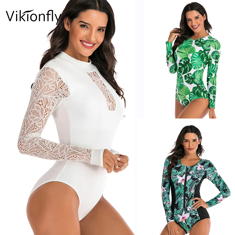 Vikionfly, новинка, спортивный женский купальник на молнии, Цельный купальник с длинным рукавом, кружевной купальный костюм, купальный костюм, maillot de bain femme
