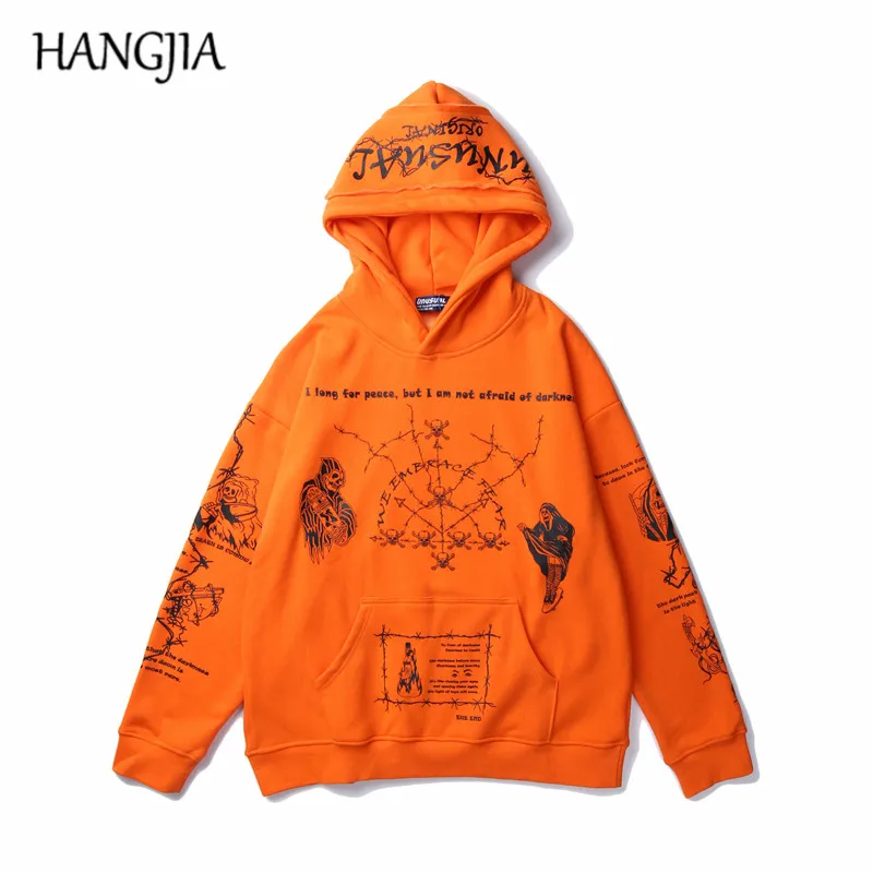 

Urban Streetwear Hooded Hoodies Men Orange Black Hip Hop Skull Hoodie Sweatshirt Swag Oversized Graffiti Hoodie Clothing