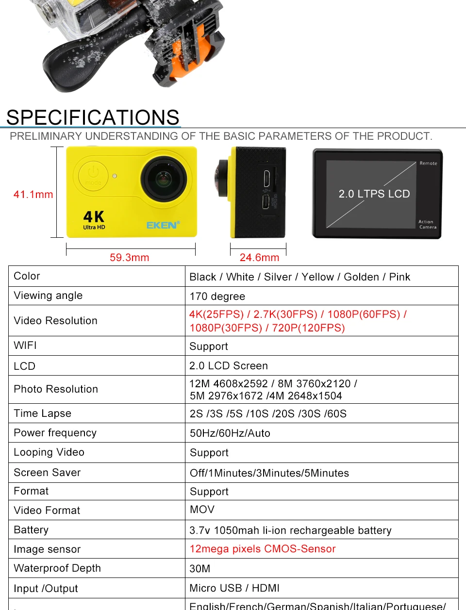 DHL eken H9 H9R ультра FHD 4K 25FPS Wi-Fi экшн-Камера Водонепроницаемый 1080p 60fps подводный go удаленного Спортивная камера extreme pro