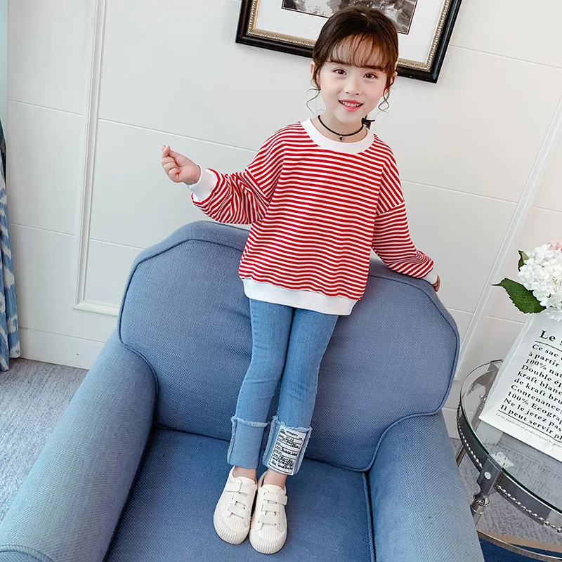 

Girl'S Suit Spring And Autumn New Style CHILDREN'S Suit GIRL'S Western Style Stripes Hoodie + Jeans Two-Piece Set