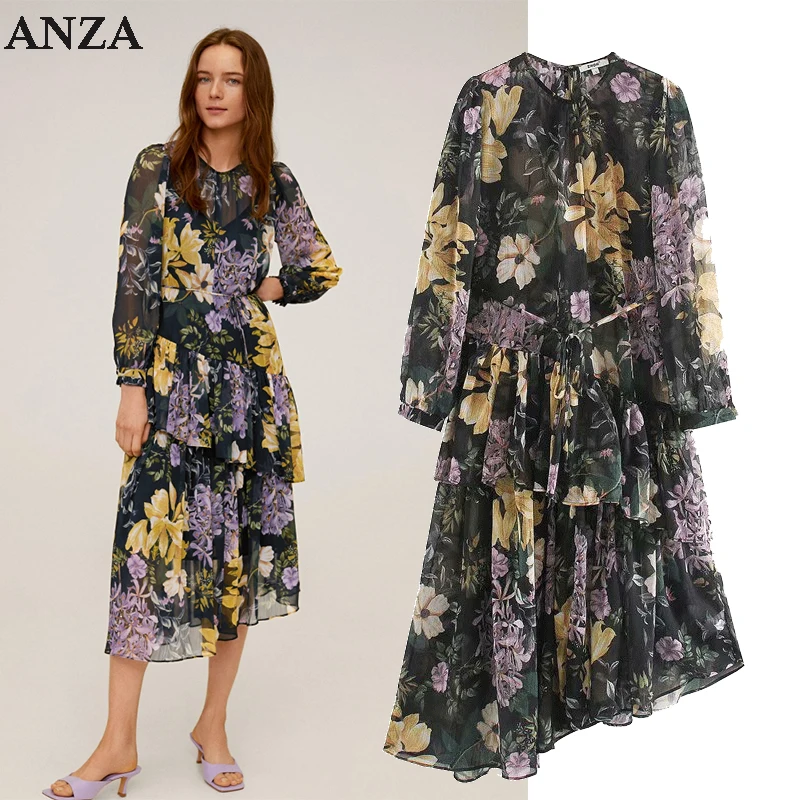 2020 Za Women Summer Mididress with Ruffles Floral Printed See Through Pleated Long Sleeve Shirtdress Femme Black Chiffon Dress | Женская