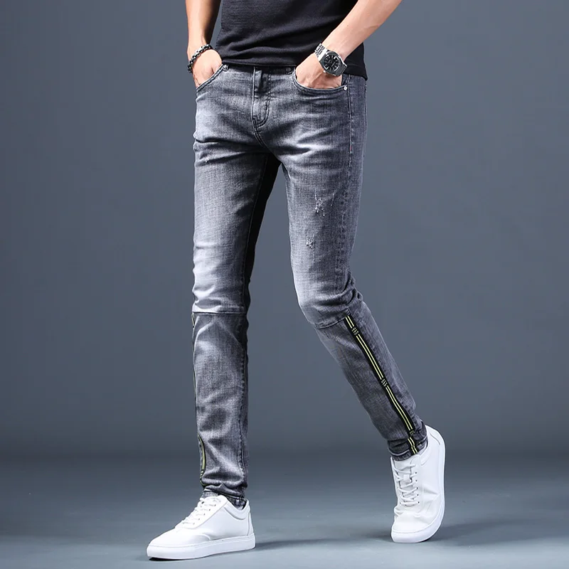 Men Black Jeans Fashion Side Stripe Slim Fit Pencil Pants Korean Style Casual Stretch Denim Trousers