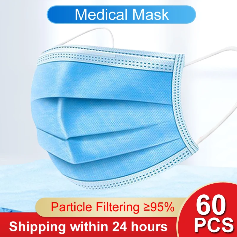 

60Pcs Disposable Anti-virus Mask 3 Layer Filter Surgical Medical Earloops Masks Anti-dust Breathing Safety Face Mouth Masks