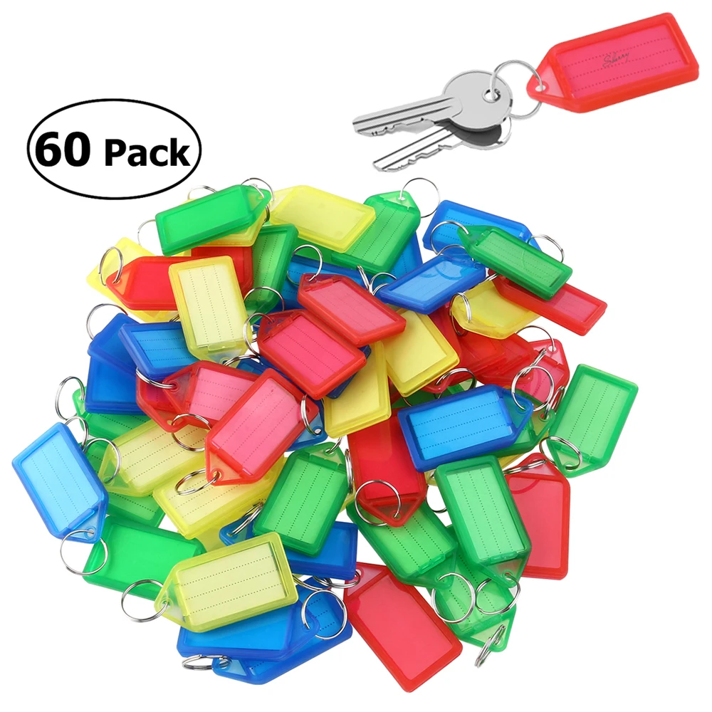 

60pcs Multi-Color Key Fobs Luggage ID Tags Labels With Key Rings Slidable Key Card Hotel Number Plate Keychain(Random Color)