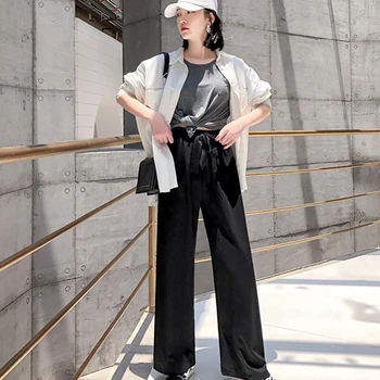 

New 2019 Korean Women Wide Leg Pants Loose High Waist Casual Vertical Soft Pleated Trousers Pants Femme