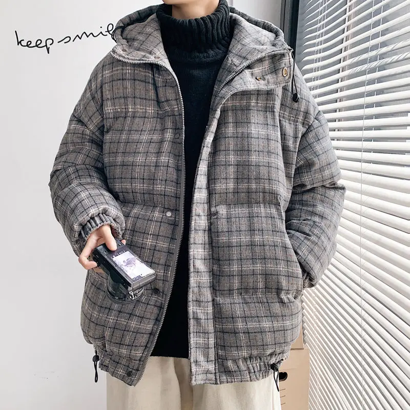 

Winter Plaid Coat Men's Fashion Park Warm Retro Casual Short Hooded Coat Men Loose Cotton Thicken Jacket Mens Clothes M-5XL