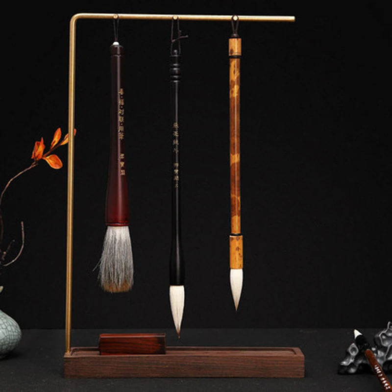 Brass Pen Holder Calligraphy Brush Pen Hanger 6 Pins Hooks Solid Wood