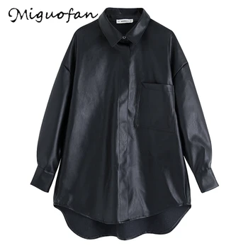 

Miguofan women PU leather blouse shirts black blouse oversized style pocket long sleeve female shirts casual blouse tops blusas