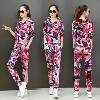 

2020 new Spring Autumn Fashion Print Tracksuit Women casual Korea style sets with Hood Two Pieces Set Hoodies Long Pants Suit