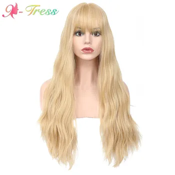 

X-TRESS Light Yellow Wavy 26inch Long Synthetic Wigs Natural Wave Heat Resistant Wig for Women Machine Made Trendy Wig