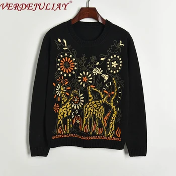 

VERDEJULIAY 2020 Spring New French Fashion Vintage Sweater Women Runway Designer Luxury Animal Embroidery Pullover Knitting