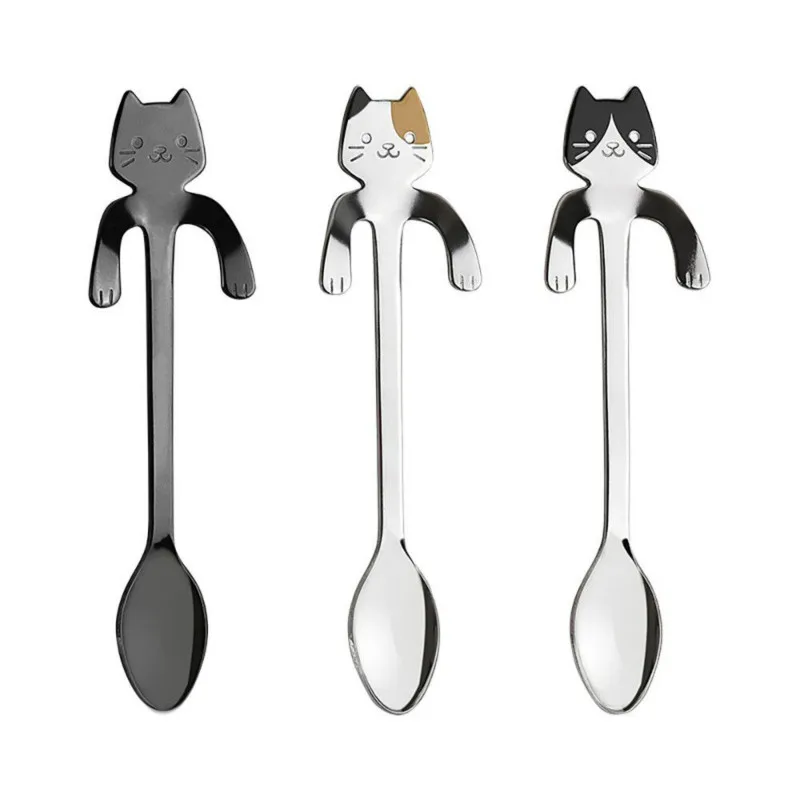 New Arrival Mini 304 Stainless Steel Cartoon Cat Spoon Long Handle Flatware Coffee Drinking Tools Kitchen Gadget | Дом и сад
