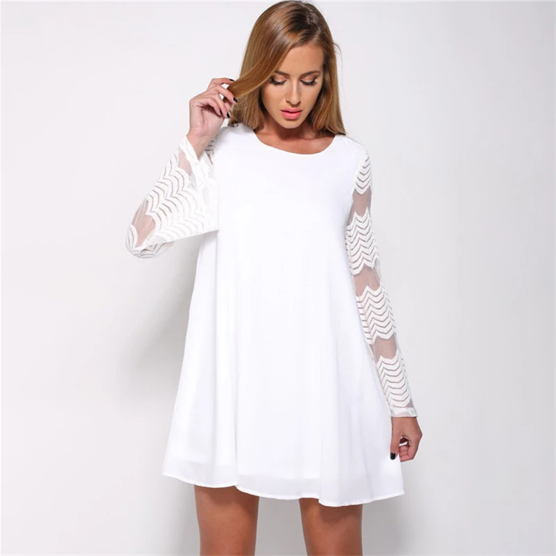 

2019 Women Autumn Dress Pearls Sheer Mesh Long Sleeve Female Dress Tunic O Neck A Line Elegant Party Dresses New White/Black/Red