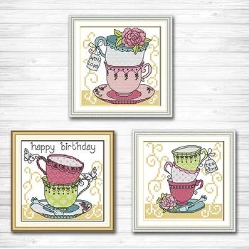 

Teacup flower cartoon decor painting dmc 14CT 11CT counted cross stitch kits embroidery set Needlework Set chinese cross stitch