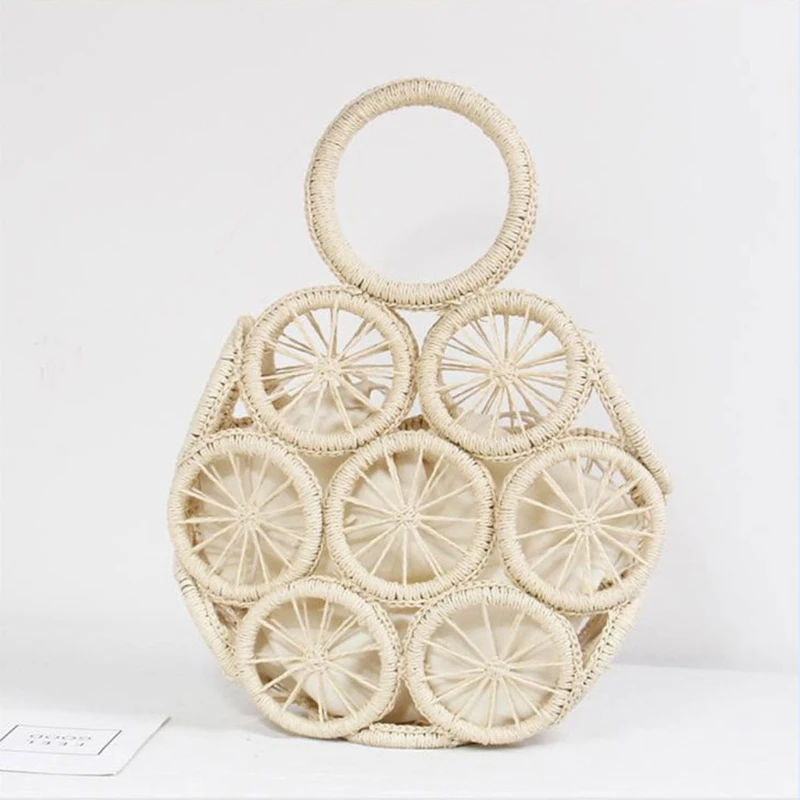 

R7RC Summer Beach Bag Natural Chic Hollow Rattan Bag Top-handle Round Straw Tote Handbag Fashion Handwoven Bags for Ladies