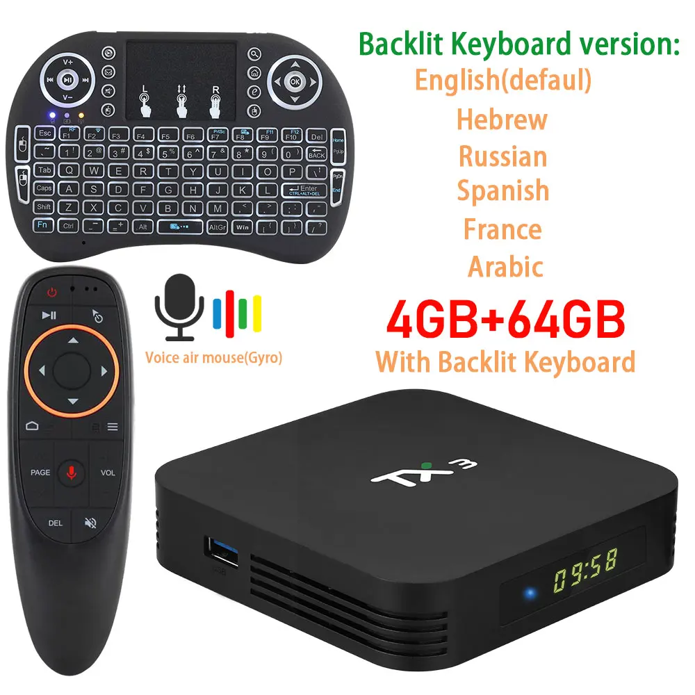 Transpeed TX3 8K 4K Ultra XDR Android 9,0 ТВ приставка Amlogic S905X3Youtube Netflix wifi 4GB 32GB 64GB RGB светильник IP tv приставка - Цвет: 64G Aimouse keyboard