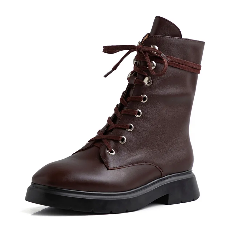 brown with fur ASUMER/Новинка года; Лидер продаж; женские ботильоны из натуральной кожи с круглым носком; простая Винтажная обувь в стиле панк на низком каблуке; женские мотоботы - Color: brown with fur