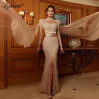 Dubai Elegant Women Evening Dresses Couture Beaded Plus Size Mermaid Long Sleeves Party Gowns 2021 Formal Champagne Prom Dress