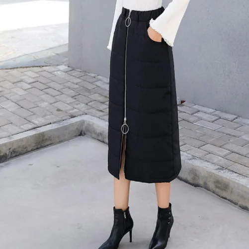 Warm Elastic Waist Down Cotton Pencil Skirts Women Winter New Arrivals Zipper Thicken Long Skirt Black Saia Longa Female AQ684