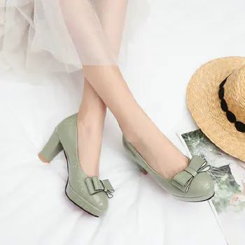 

Sianie Tianie 2020 autumn office lady shoes platform thick high heels woman's shoes pumps with bowtie green pink women stilettos