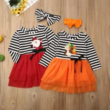 Осенне-осеннее рождественское милое детское платье на Хэллоуин для маленьких девочек вечерние праздничные платья из тюля в полоску с длинными рукавами и оборками в виде тыквы