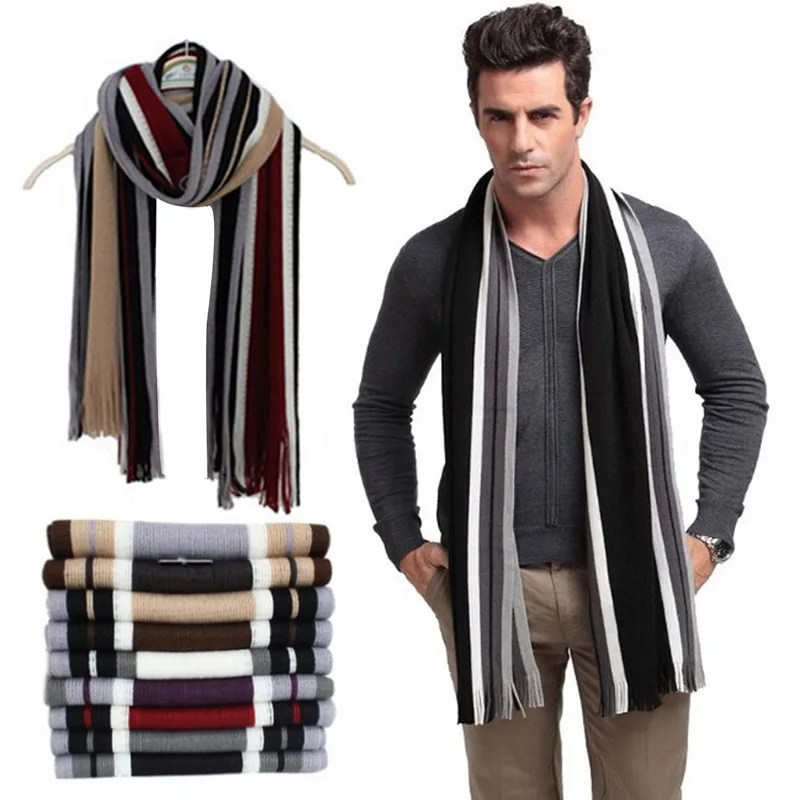 

Winter Designer Scarf Men Striped Cotton Scarf Male Brand Shawl Wrap Knit Cashmere Bufandas Long Striped With Tassel Warm Soft