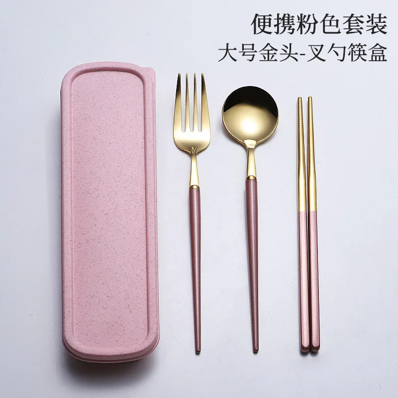 304 Stainless Steel Hollow Handle Portugal Portable Tableware Colorful Color Plated Mute Travel And Fork Spoon Chopsticks Box Se