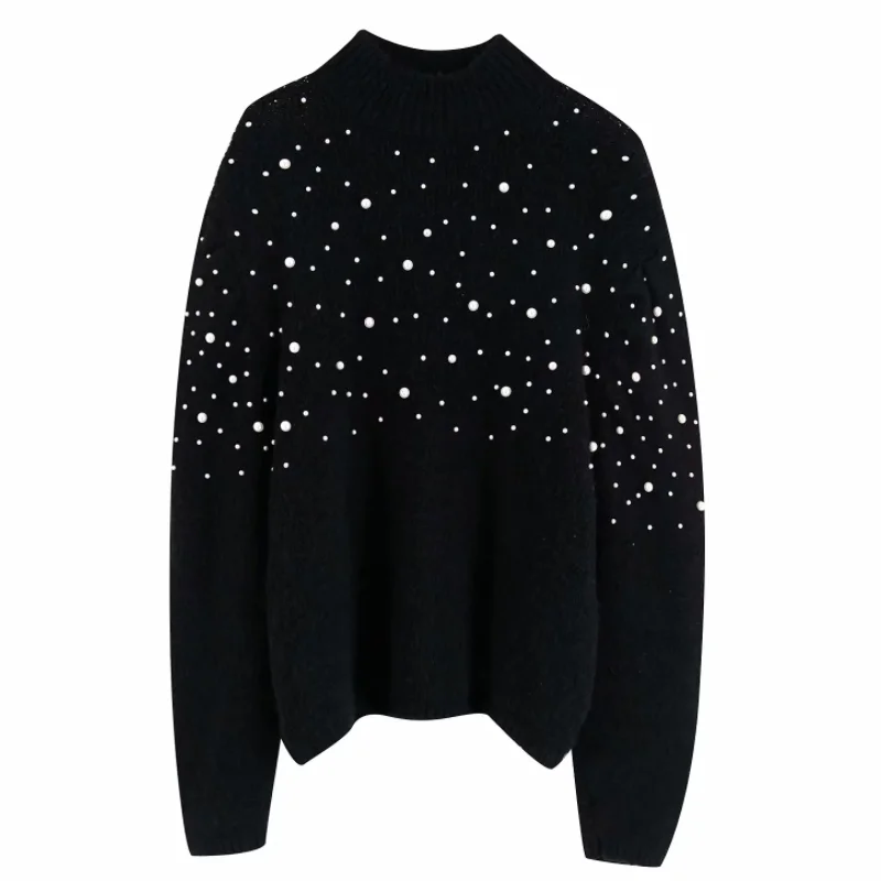 new women vintage pearl decoration puff sleeve casual black sweater ladies retro basic knitted pullovers autumn chic tops S208 | Женская