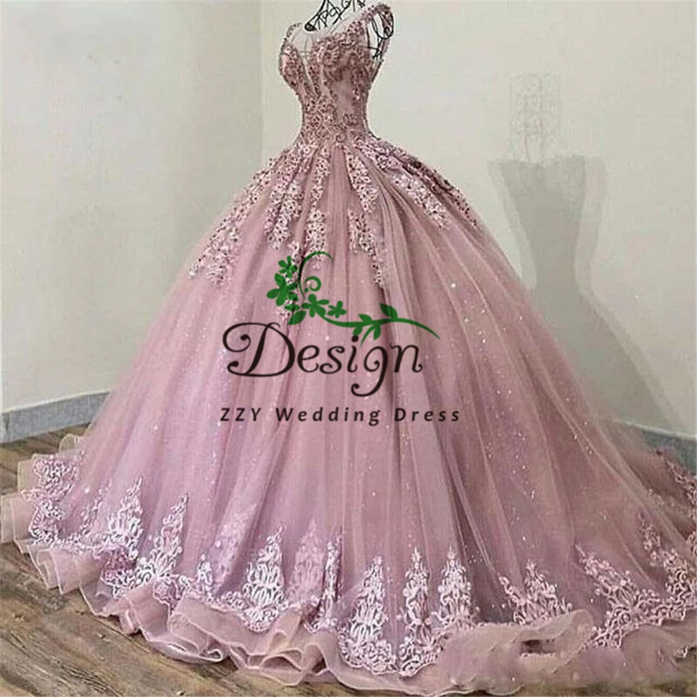 

Glitter Cinderella Prom Quinceanera Dresses Ball Gown Beading Blush Pink Applique Crystal Beaded Draped Quinceanera Dresses
