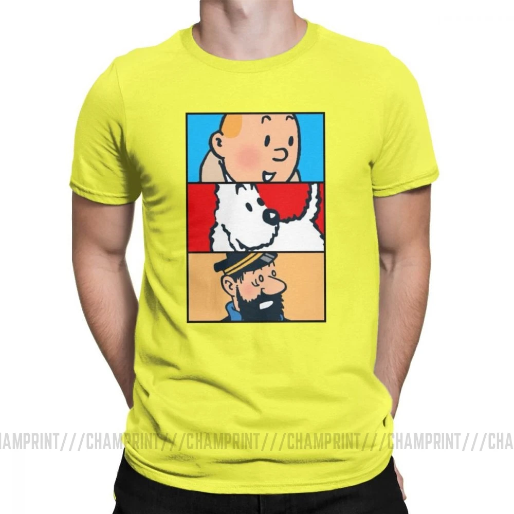 Футболка Tintin Milou Haddock The adventures Of Tintin для мужчин, хлопковая футболка с короткими рукавами, одежда 4XL 5XL 6XL - Цвет: Цвет: желтый