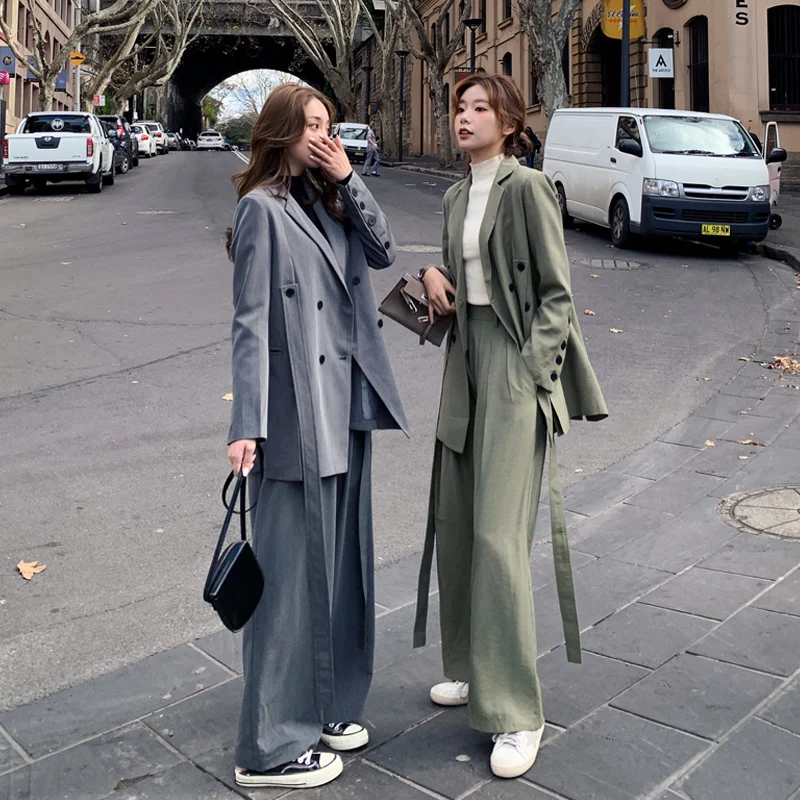 Женский свободный костюм в Корейском стиле, однотонное зеленое Повседневное платье пальто, Официальный винтажный осенний брючный костюм, MM60NTZ|Брючные костюмы|   | АлиЭкспресс