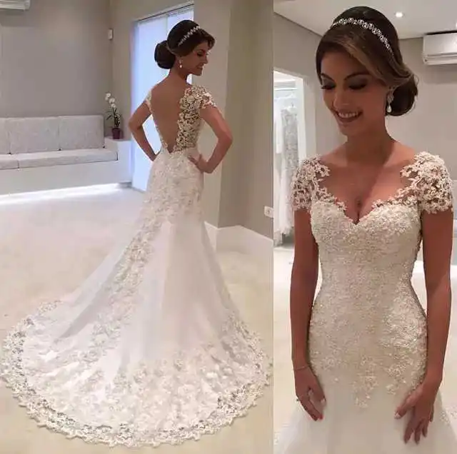 

New Hot Fashional Custom Made Julie Vino Simple Cap Sleeve High Heck See Through Turkish Lace Beach Wedding Dress