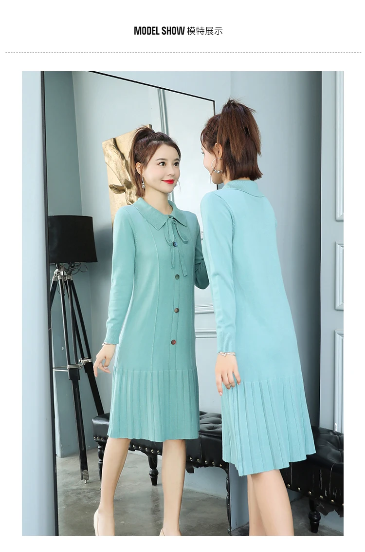 Bowknot Women Knit Dress Turn Down Pleated Hem Midi Knit Dress Korean Sweet Elegant Slimming Autumn Winter Women Dress