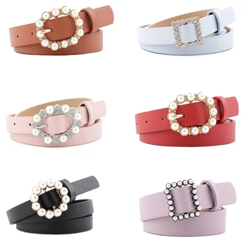 

Women Belts Luxury Brand Punk Rhinestones Buckle Casual PU Leather Black Red Belt Women's Waist Band Jeans Trousers Waistband