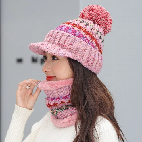 Зимние шапки skullies для девочек, вязаная шапка, женская брендовая Высококачественная зимняя женская Лыжная шерстяная меховая шапка, помпоны, шапки, вязаный шарф - Цвет: pink