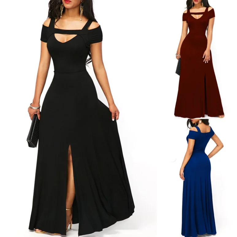 

European And American-Style Plus-sized V-neck off-Shoulder Slit Skirt Slim Fit Expandable Party Dress