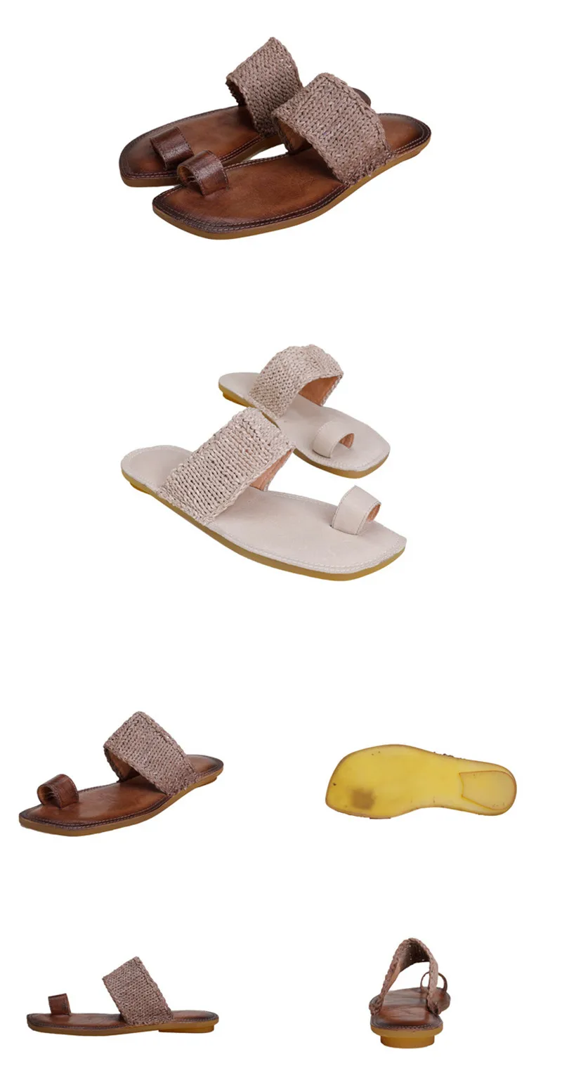 Original Summer 2020 New Clip Toe Flat Slippers Shoes Woman Vintage  Genuine Leather Slides Hand-Woven Ladies Flip Flops Sandals (15)