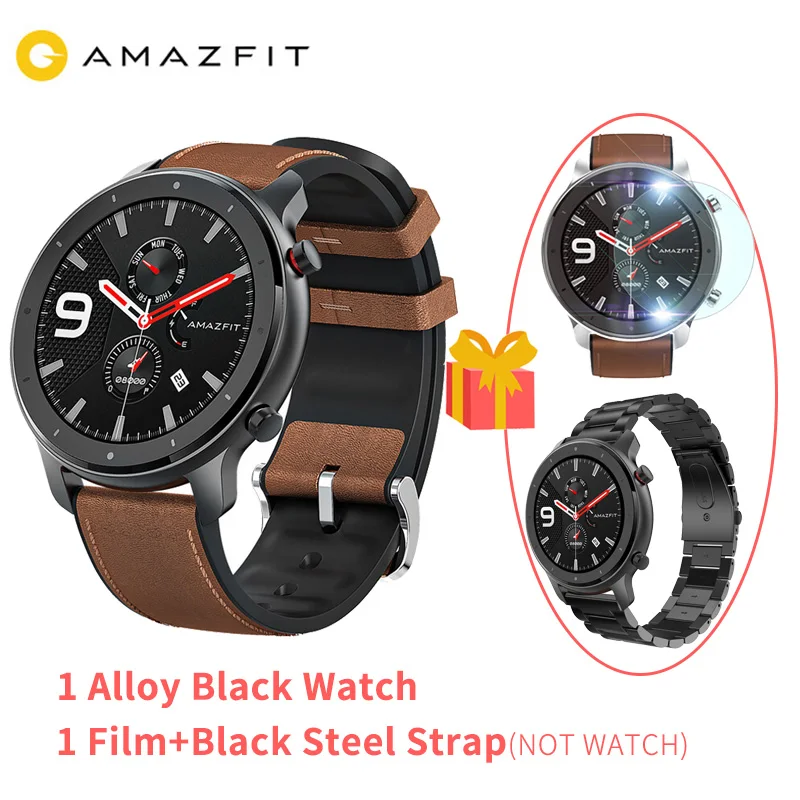 【ES запас 】 47 мм Huami AMAZFIT GTR Смарт-часы, глобальная версия, gps 5ATM Водонепроницаемый Smartwatch активно-матричные осид, Экран 24 дней Срок службы батареи - Цвет: black a black steel