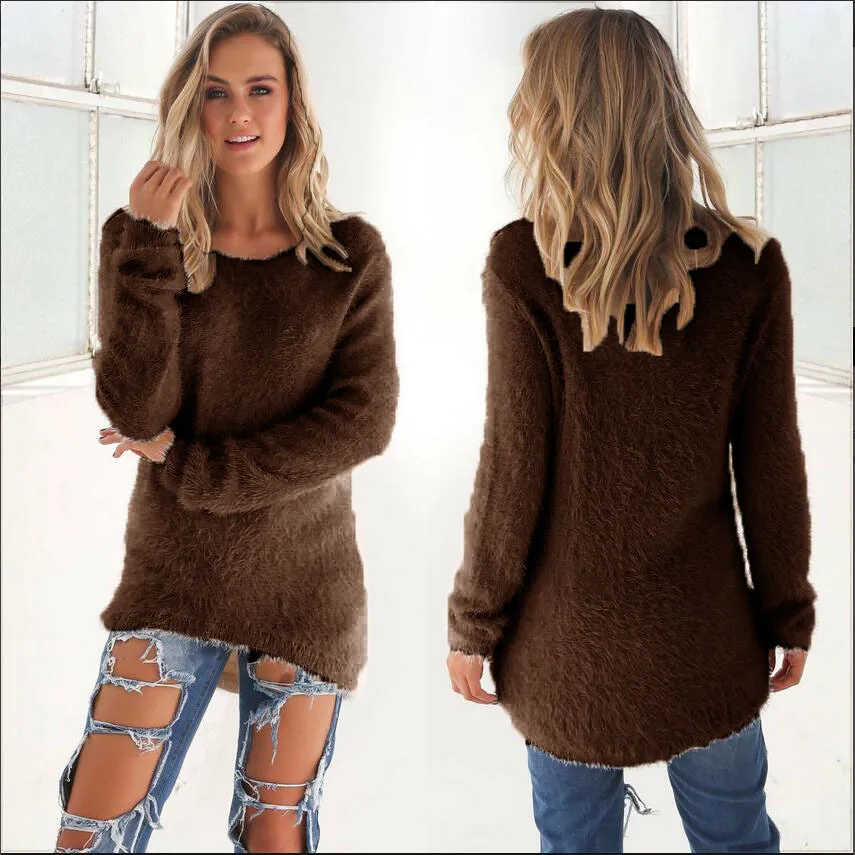 Плюс размер длинный рукав О образным вырезом плюшевый свитер для женщин асимметричный подол уличная Осень Зима Свободные повседневные теплые пуловеры женские топы